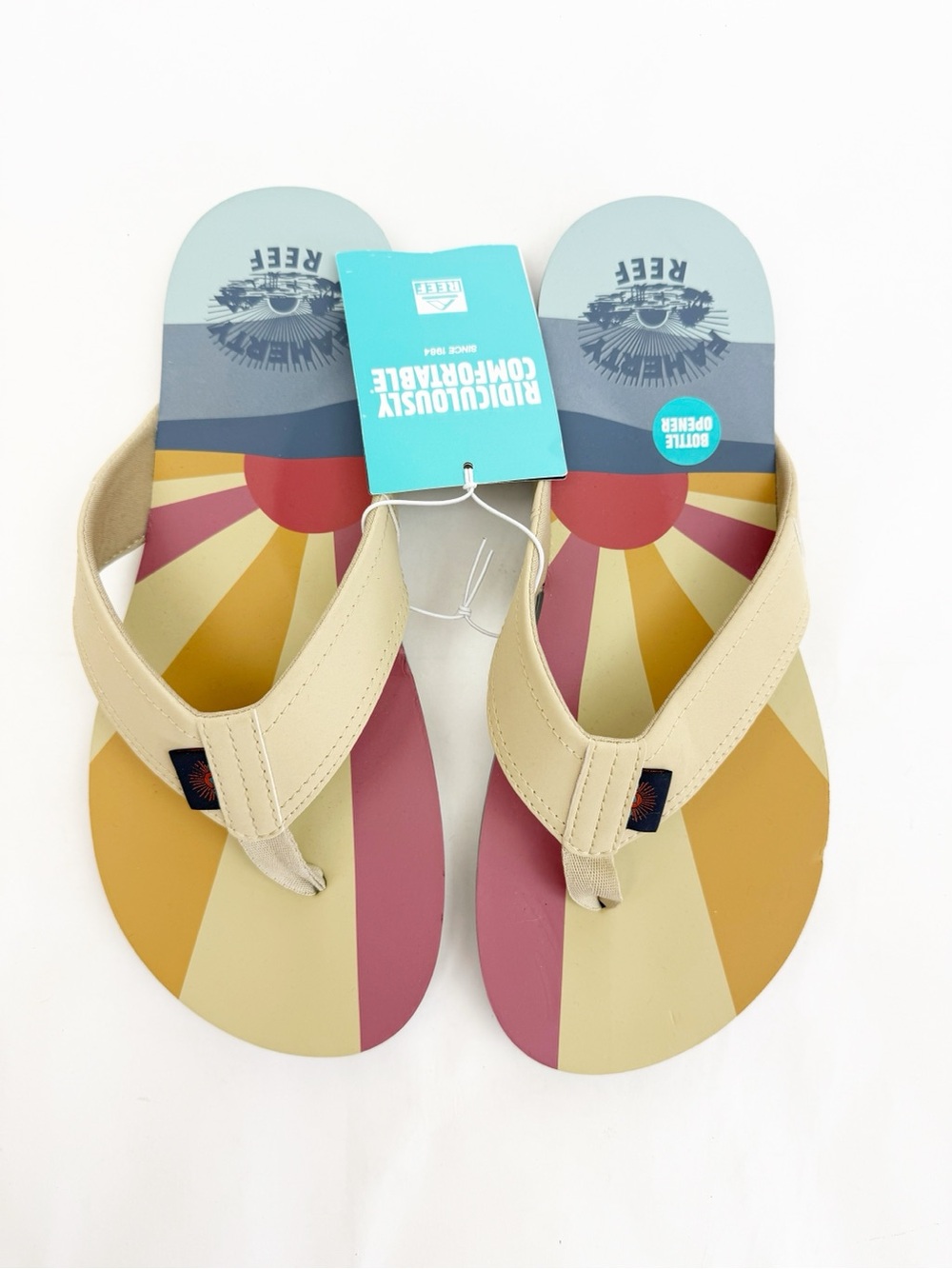 Faherty X Reef Sun And Waves Eva Unisex Flip Flops Bottle Opener Tan Newport